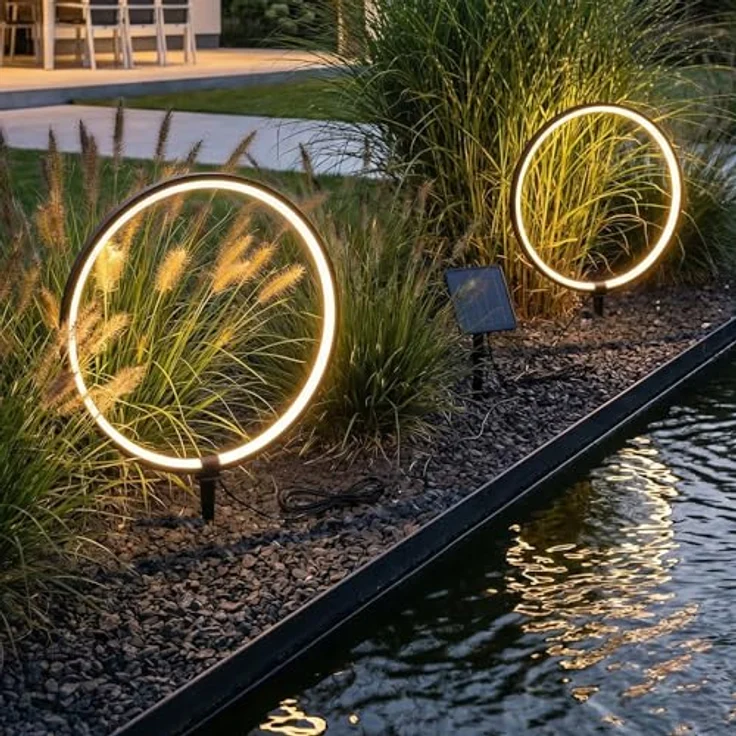 Arnusa Solar Gartenleuchten, LED Gartenstecker mit warmweißen Leuchtringen, Aluminium, 2er Set, flexibles Solarpanel mit 4 Lichtmodi – Bild 3