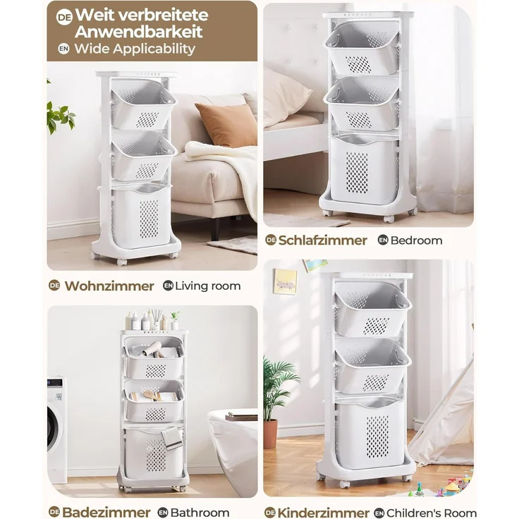 Yorbay Wäschekorb platzsparend Wäschewagen auf Rollen, hoch Wäschesortierer (mit 4 Stockwerke, 3 Aufbewahrungskörbe, 109 x 33 x 44cm), 120L Wäschebehälter für Kleidung, Spielzeug, für Badezimmer – Bild 9