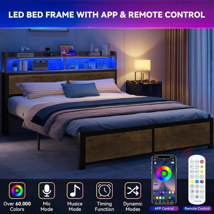YITAHOME Bettrahmen, LED mit Kopfteil, USB-Anschlüssen und Ladeanschlüssen, Metall-Plattform-Bettrahmen mit 2 Ablagen, kein Boxspringbett erforderlich, Super-King-Size-Größe, Holzfarbe – Bild 3