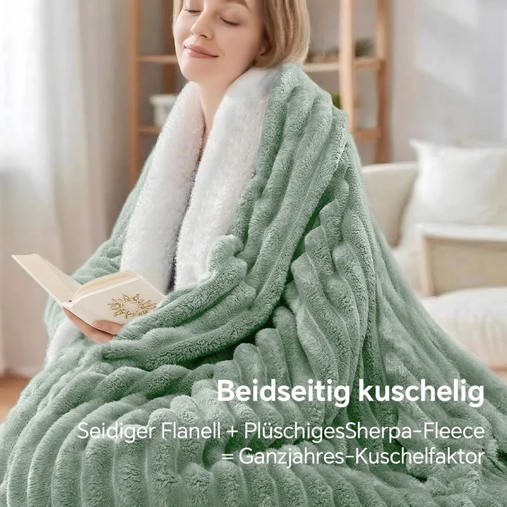 BEDELITE Kuscheldecke Flauschig Decke Groß - Dicke XXL Sherpa Decken Grün 220x240 für Bett, warme Cord Kuscheldecken Salbeigrün weiche Fleecedecke Wohndecke als Tagesdecke für Schlafzimmer – Bild 6