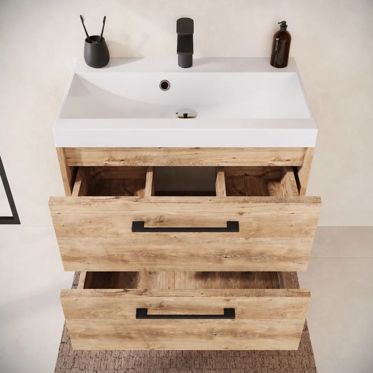 Badmöbel Komplettset Florence 60 x 35 cm Kastanie Eiche - Badezimmermöbel mit Waschbecken und Spiegelschrank – Bild 3