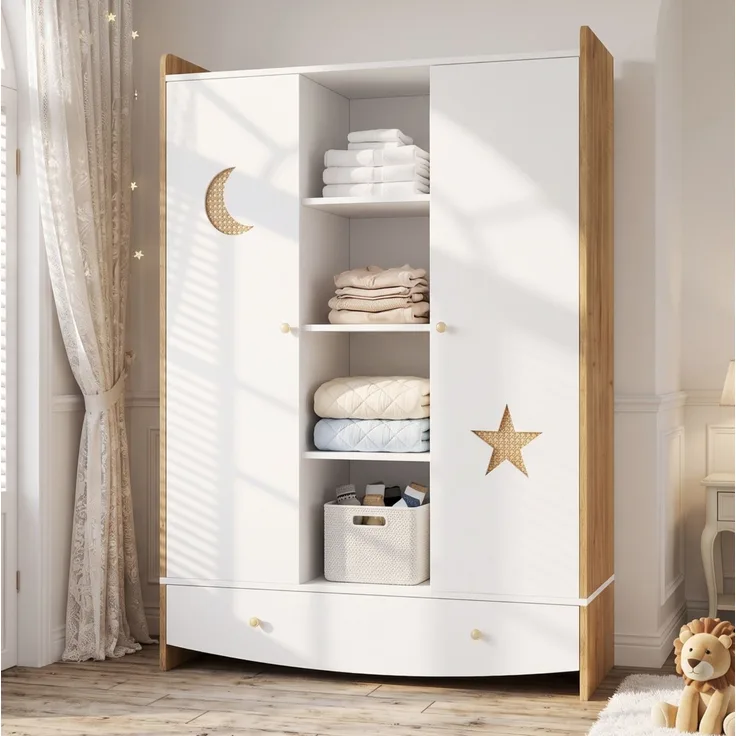 CHICFURN Kleiderschrank mit 2 Kleiderstangen, Schublade und Rattan-Elementen Natur+Weiß 120x50x160 cm