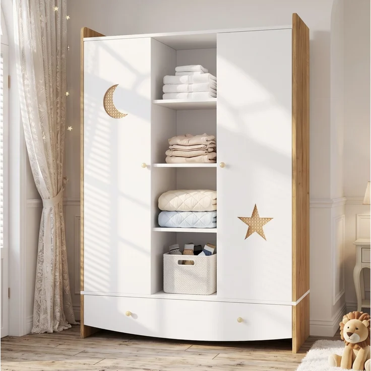 CHICFURN Kleiderschrank mit 2 Kleiderstangen, Schublade und Rattan-Elementen Natur+Weiß 120x50x160 cm – Bild 1