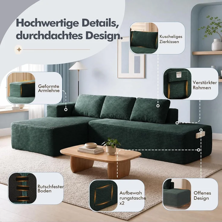 COMHOMA Ecksofa mit Schlaffunktion, 228cm Corduroy Modulares Boneless Couch mit Chaiselongue & Rücken-Metallgestell, L-Form Schlafsofa mit offenem Design, Kissen & Seitentaschen,für Wohnzimmer, Grün-R – Bild 10