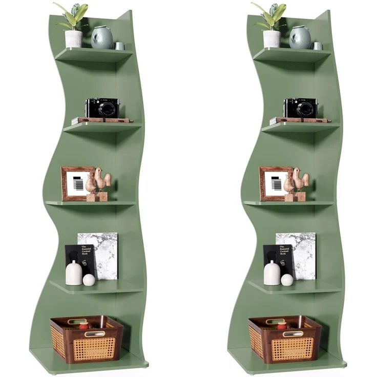 LITTLE TREE Bücherregal Ecke, Modernes Regal Schmal mit 6 Ebenen, 50 x 48 x 179 cm Bücherregal Holz, Standregal mit Wellen-Design für Kleine Räume, Wohnzimmer & Schlafzimmer, Grün, 2er Pack – Bild 1