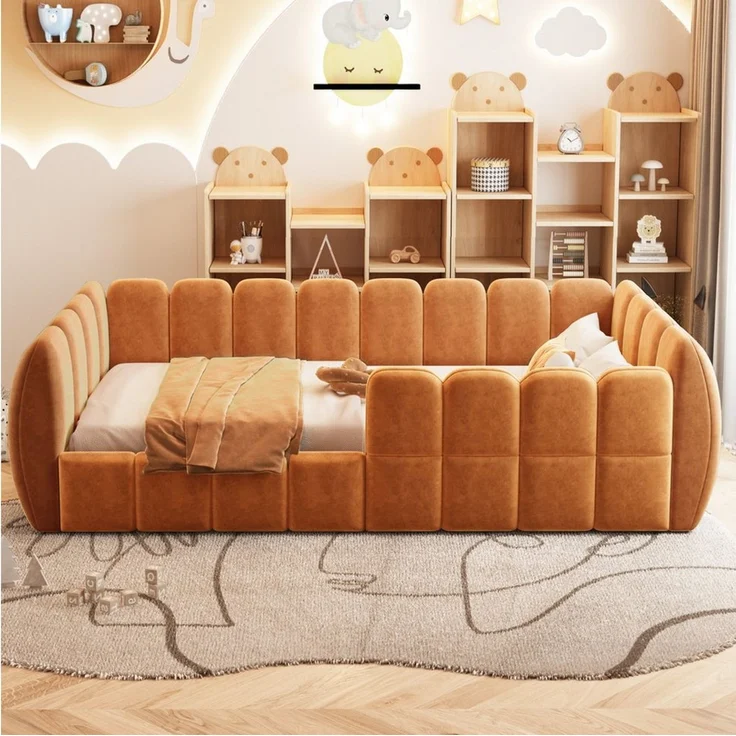 Celya Polsterbett Gepolstertes Kinder-Bodenbett, Samtbezug (Ohne Matratze, komplett geschlossenes Design, abgerundete Ecken), geeignet für Kinder-, Kleinkind- und Jugendzimmer – Bild 3