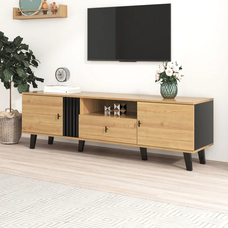 TV-Lowboard aus Spanplatte mit Glas, 2 Türen & Schublade, 170x40x50,5 cm, Natur/Schwarz – Bild 10