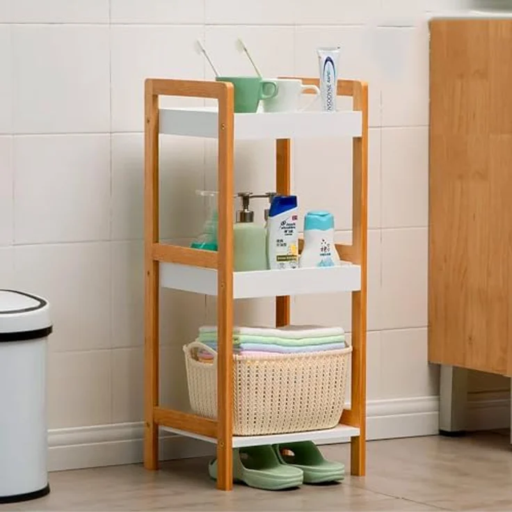 Avilia Regal aus weißem Bambus mit 3 Einlegeböden, platzsparend, multifunktional, für Badezimmer, Küche, Schlafzimmer, 36 x 33 x 80 cm, Elegantes Design – Bild 3