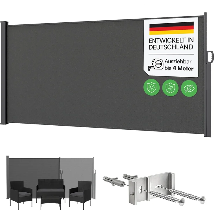 STEELSØN 'Zirella' Seitenmarkise mit Aluminium-Kassette, ausziehbar, 160x400 cm, anthrazit, Windschutz, wetterfest und blickdicht – Bild 1