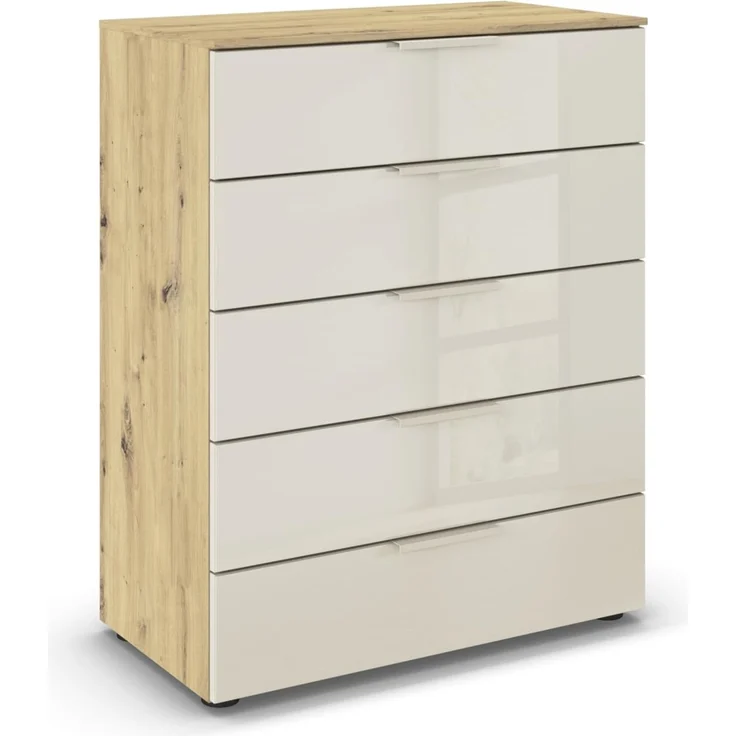 Rauch Möbel Flipp, Kommode für Schlafzimmer, Kinderzimmer, Wohnzimmer, Jugendzimmer, Flur, Garderobe, 5 Schubladen, mit Softclose Funktion, Farbe Eiche Artisan, Holz/Glas Beige, Breite 80 cm
