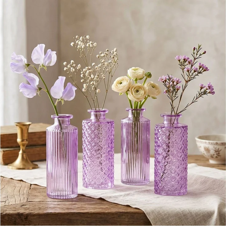Levandeo® Dekovase, 4er Set Vase Glas Lila H14cm Violett Pastell Blumenvase Tischdeko – Bild 1