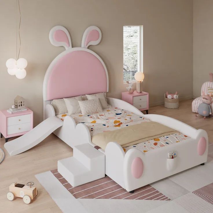 Merax Kinderbett 90x200cm mit Rutsche und Treppe, Bodenbett Prinzessinbett mit Hasenohrenförmigem Kopfteil, Polsterbett mit Rausfallschutz, PU, Rosa