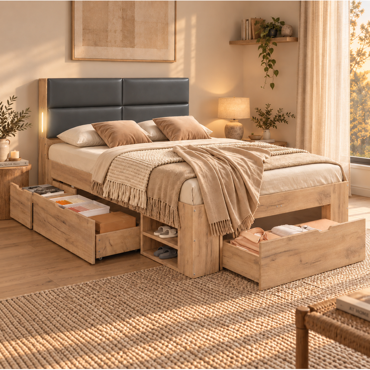 Stauraumbett aus MDF mit USB-Anschluss, Schubladen & Lattenrost, 140x200 cm, Natur, ohne Matratze