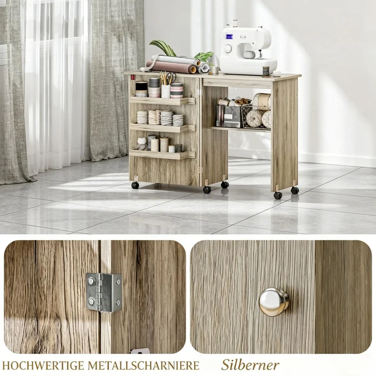 Klappbarer Nähschrank, Näh­tisch mit Klappplatte, Aufbewahrungsboxen, offenem Regal und Rollen--Herde--117x40x77.5cm--YOUDENOVA – Bild 7