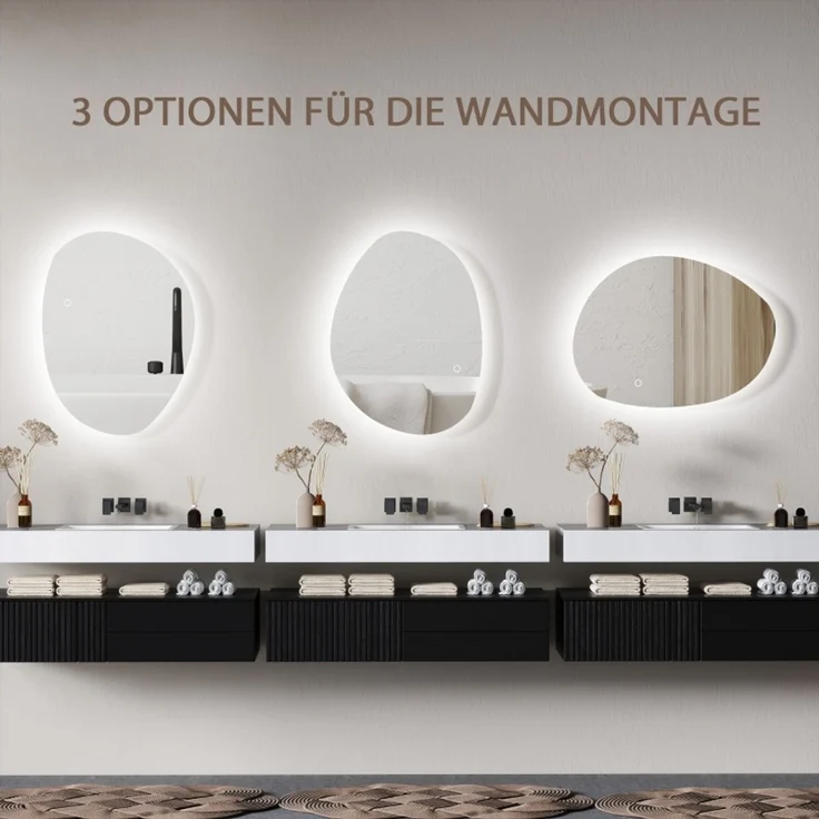 Badspiegel 70x50 cm, asymmetrisch, mit LED-Licht und Antibeschlagfunktion, Silber – Bild 6