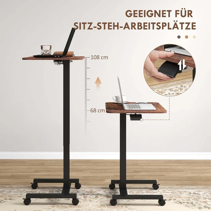 Vinsetto Schreibtisch Höhenverstellbarer Laptoptisch mit Rollen (Computertisch, 1-St, Arbeitstisch), Rustikal-Braun 65 x 48 x 68-108 cm – Bild 4