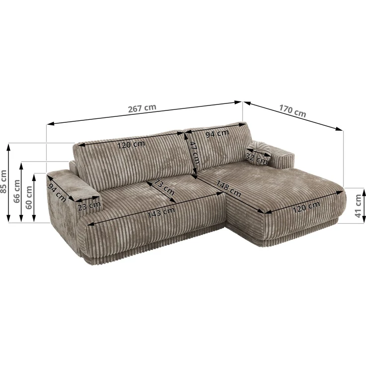 RINA L Design Ecksofa, Schlaffunktion & Stauraum, DL-System, Wellenfedern, Liegefläche 220x155 cm, freistehendes Polstersofa, Schlafcouch - Hellbraun Cord - Links Seite – Bild 6