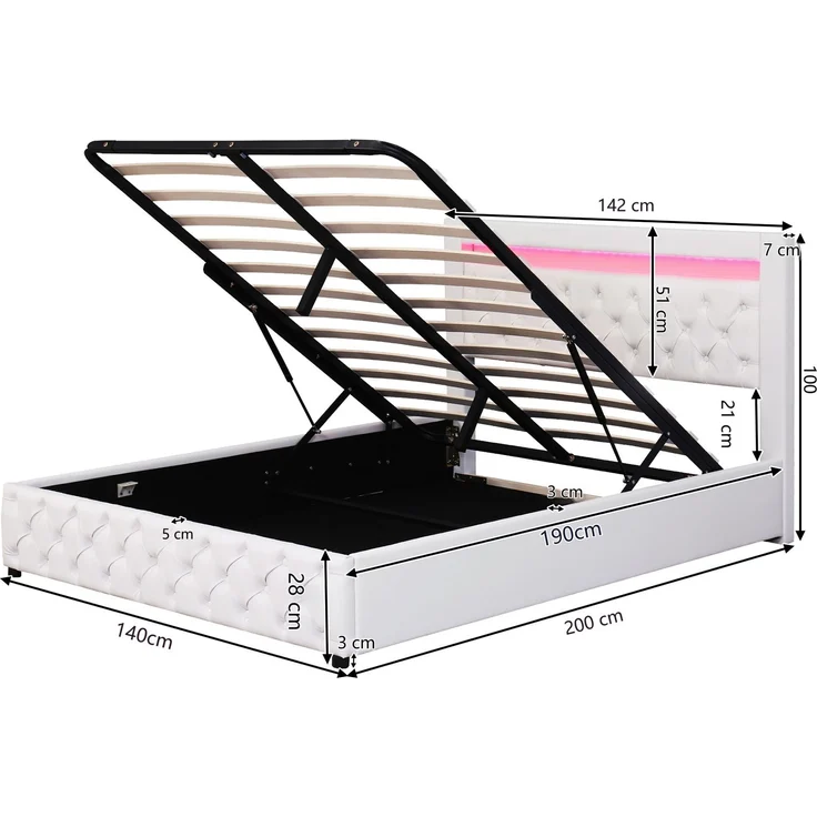 Lit rembourré 140 x 190 cm, entièrement fonctionnel, avec un sommier à lattes et un espace de rangement, rangement hydraulique, éclairage LED, blanc, matériau PU. – Bild 8