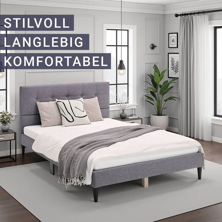 Homestyle4u Polsterbett mit Matratze und Lattenrost, Grau, 140x200 cm – Bild 2
