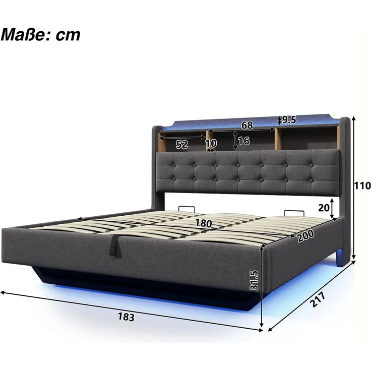 Polsterbett mit LED-Streifen, Type-C, USB und Stauraum, in schwebender Optik, gepolsterter Kopfteil, 180x200 cm, Doppelbett, Stauraumbett, Leinen – Bild 7