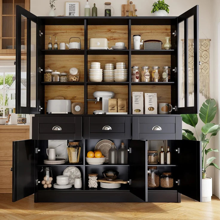 Hochschränke fürs Wohnzimmer(140×38.5×175cm), Vitrinenschrank,Küchenschrank,Esszimmerschrank mit Schubladen, Moderner Minimalistischer Hochschrank, Standvitrine für Küche Wohnzimmer Esszimmer, Schwarz – Bild 3
