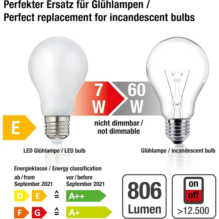 hellum LED Glühbirne E27, 7W warmweiß LED Lampe mit 806 Lumen LED Filament, E27 Vintage Led Leuchtmittel ersetzt 60-Watt Glühbirne, 2700 Kelvin E27 led warmweiss Matt, 206210 – Bild 3