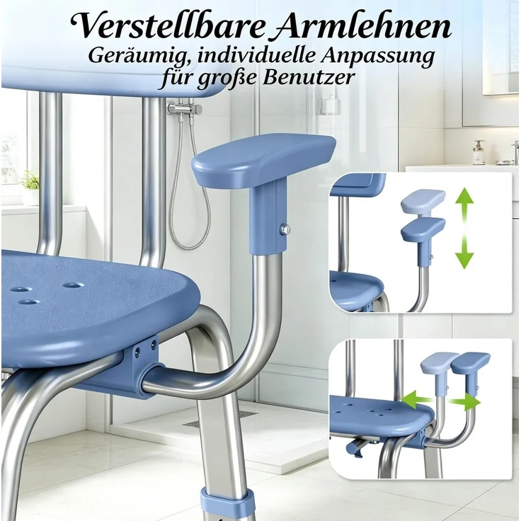 Duschstuhl 60–70 x 52 x 62–72 cm, höhenverstellbar, mit Armlehnen und Rückenlehne – Bild 4