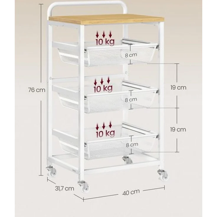 VASAGLE Servierwagen mit 4 Ebenen, Rollwagen mit herausziehbaren Körben, auf Rollen, 31,7 x 40 x 76 cm, goldeichenfarben-mattweiß – Bild 4