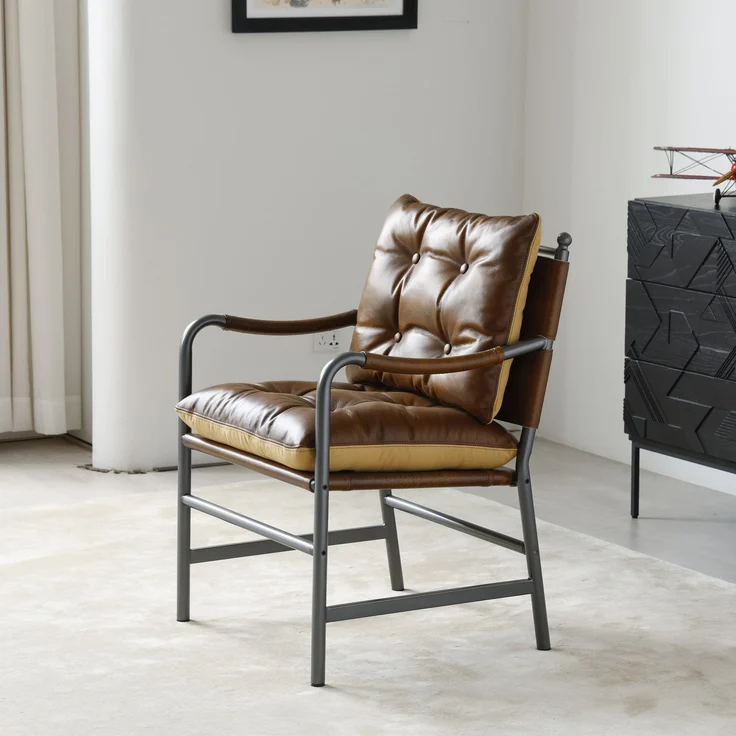 Leder Akzent Stuhl, Mid Century Modern Armstuhl mit schwarzem Metallrahmen, Single Sofa Stuhl für Wohnzimmer Schlafzimmer – Bild 5