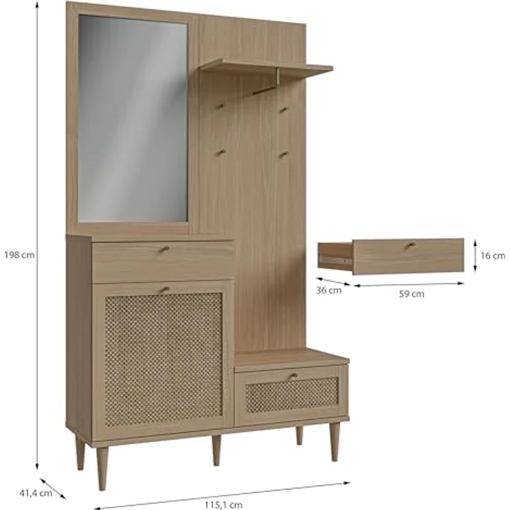Forte CALASETTA Garderobe 120, 2 Schubladen, 1 Tür, mit Spiegel, Kleiderstange und Ablageflächen, Holzwerkstoff, Elegancia Eiche Holzdekor | Technorattan, 115,1 cm breit x 198 cm hoch x 41,4 cm tief – Bild 7