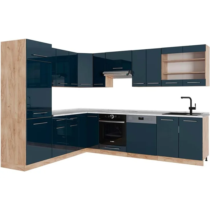 Eckküche Fame-Line Dunkelblau Hochglanz/Goldkraft Eiche 227 x 60 cm , AP Marmor Vicco