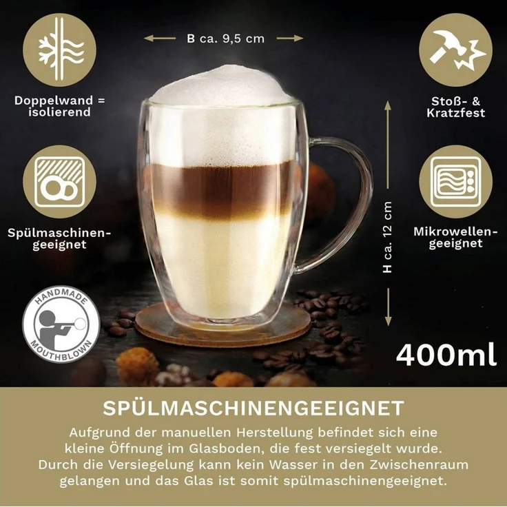 Creano Teeglas Thermoglas “hoch” mit Henkel 400ml 2er-Set, 2-tlg, Borosilikatglas, 2 Gläser – Bild 3