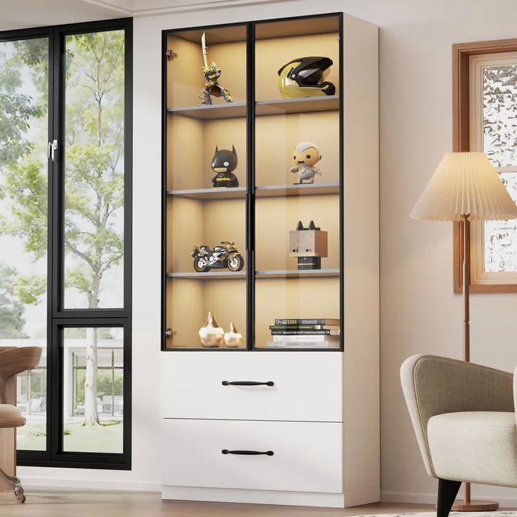 Vitrine 60x40x160 cm mit Sicherheitsglas, 7-farbiger LED-Beleuchtung und 2 Schubladen, Weiß