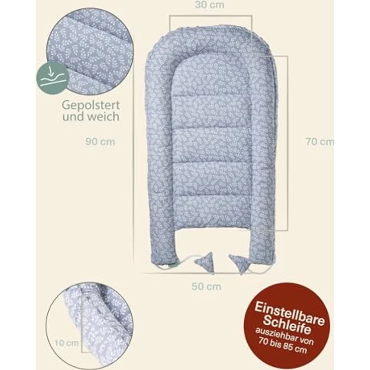 molis&co - Babynest - 100% Baumwolle (OEKO-TEX) - Babynestchen Neugeborene - Ideal als Reisebett, Kuschelnest Geeignet & Cradle Reducer - 90x50 cm - Blue Garden – Bild 4
