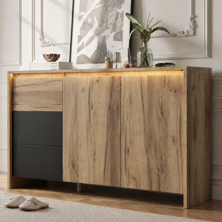 Sideboard B 120 x T 40 x H 76 cm in Holzoptik und Schwarz mit LED-Beleuchtung – Bild 3