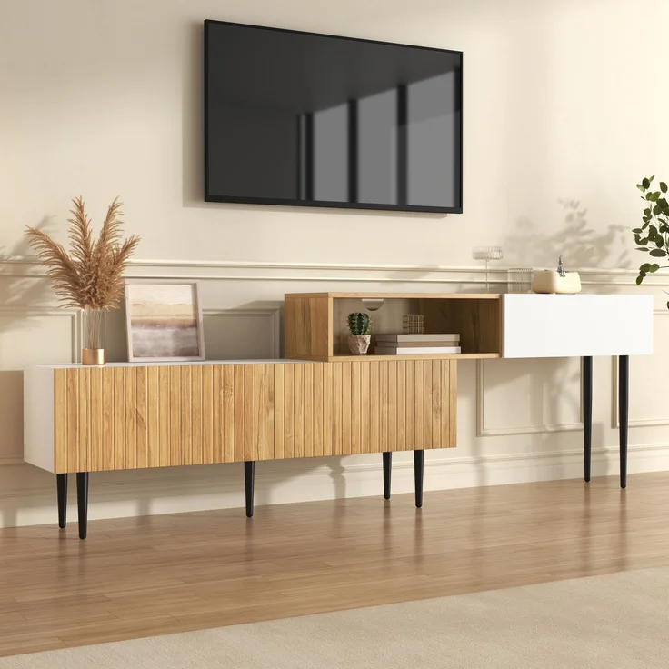 Merax TV-Schrank mit verstellbarer Länge, Modulares 2-teiliges Design, Holzoptik + Weiß matt, Schwarze Metallbeine – Bild 5