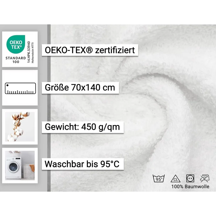 ZOLLNER 5er Set Duschtücher, 100% Baumwolle, weiß, 70x140 cm – Bild 3