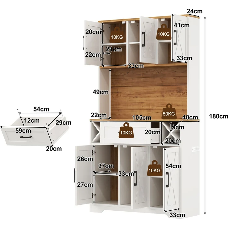 Küchenschrank, hoher Stauraumschrank mit LED-Beleuchtung, Vorratsschrank mit Weinregalen, Weinschrank & Vitrinenschrank für Wohnzimmer und Esszimmer, 180 × 105 × 40 cm--Natur + Weiß1--105x40x180cm--YOUDENOVA – Bild 5