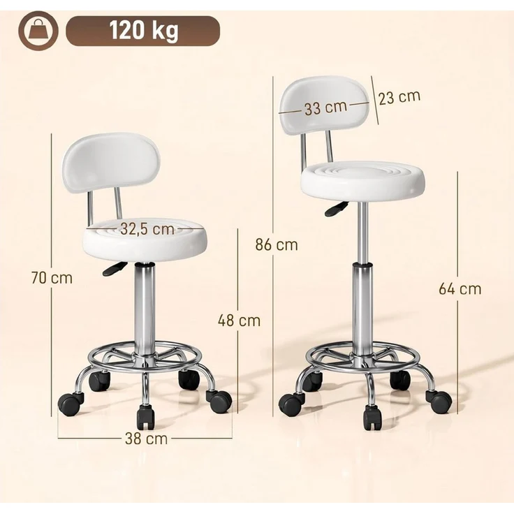 HOMCOM Drehhocker Arbeitshocker mit Fußstütze (Rollhocker, 1 St, Bürohocker), für Büro, Weiß – Bild 3