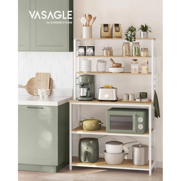 Vasagle Küchenregal mit Ablage und 6 Haken, Stahl eichenfarben-weiß, 40 x 100 x 167 cm – Bild 4