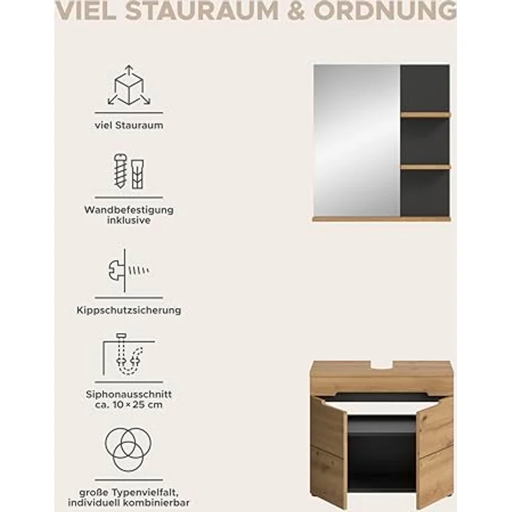Xonox Canu Badkombination (B/H/T: 63x193x34 cm) in Basalt grau Nachbildung und Artisan Nachbildung – Bild 12