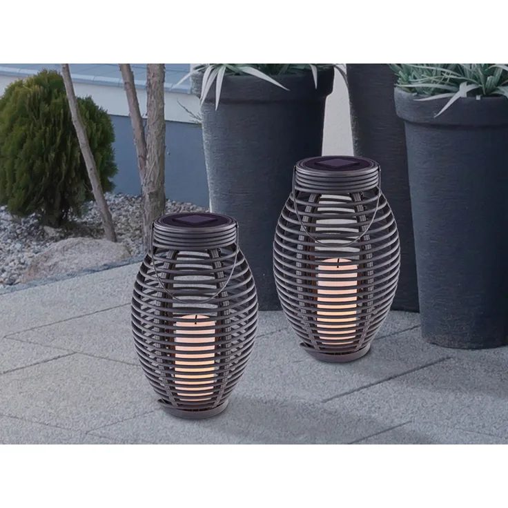Solarlaterne 2er SET mit LED Kerze & Rattanoptik hängend oder stehend, Höhe 35cm