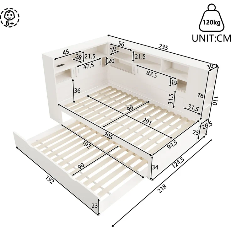 CHICFURN Bett 90x200 cm aus MDF und Spanplatte Weiß mit Ausziehbett, Stauraum und USB-Anschluss – Bild 10