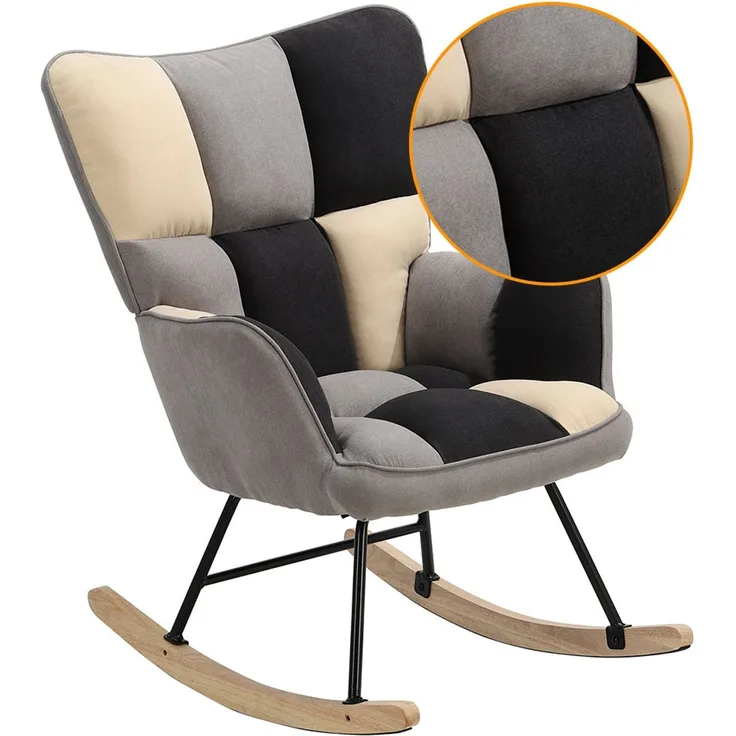 HOME NATURE WOHNKONZEPT Schaukelstuhl, gepolsterter Relaxsessel mit hoher Rückenlehne, Armlehnen und rutschfesten Füßen, für Wohnzimmer und Schlafzimmer, 71 × 49 × 98,5 cm, Schwarz-Weiß-Grau