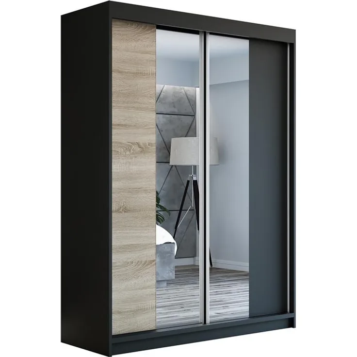 Schwebetürenschrank NEO 2-türig Schrank 180 cm (mit Spiegel) Farbe: Schwarz , sonoma