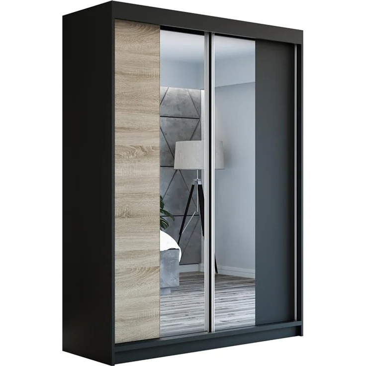 Schwebetürenschrank NEO 2-türig Schrank 180 cm (mit Spiegel) Farbe: Schwarz , sonoma – Bild 1