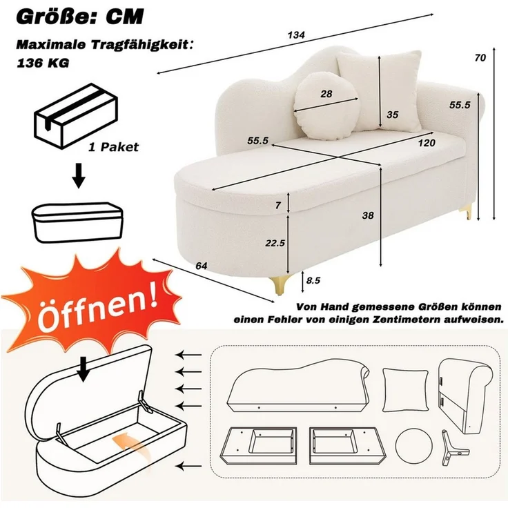 Odikalo Chaiselongue Relaxsessel Freizeitstuhl mit Stauraum & Schlaffunktion, modernes Design wellenförmige Rückenlehne Lammfell-Optik-Stoff hochdichter Sitzkissen inkl Lendenkissen Nackenkissen 134cm – Bild 4