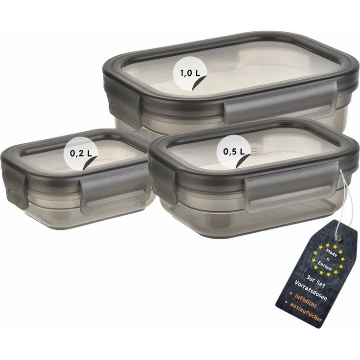 Engelland Frischhaltedose 3er Set Aufbewahrungsdosen mit Deckel, Vorratsdose, Frischhaltedose, Kunststoff/Silikon, (Vorteils-Set, 3-tlg, 0,2 L / 0,5 L / 1,0 L), luftdicht, auslaufsicher, stapelbar, BPA-frei, verschiedene Größen – Bild 1