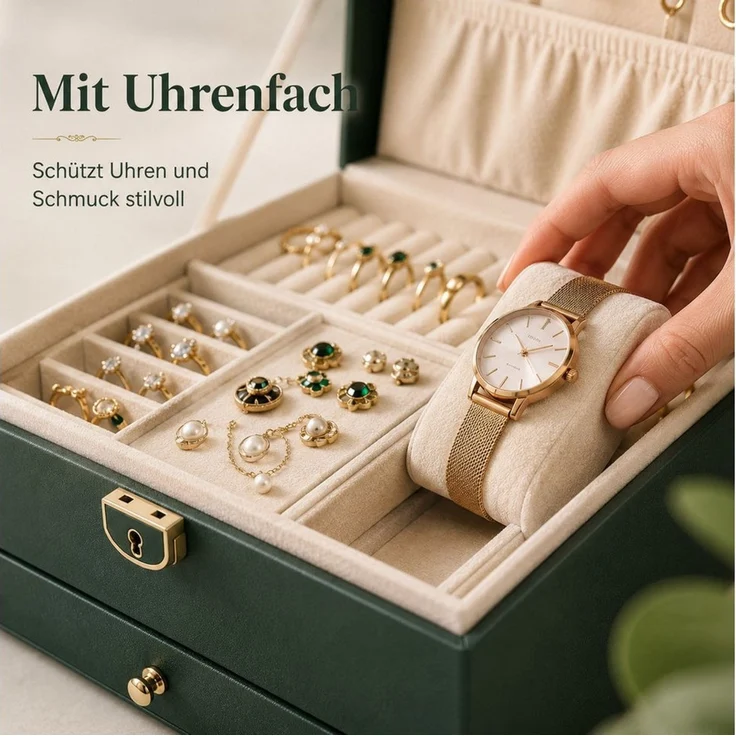 Fyrove Schatzkiste Vintage Schmuckkästchen aus PU-Leder mit Schloss (zwei Schubladen, große Aufbewahrung für Ringe, Ketten, Ohrringe und Uhren, ideales Geschenk für Frauen zum Geburtstag, Weihnachten & Valentinstag) – Bild 3