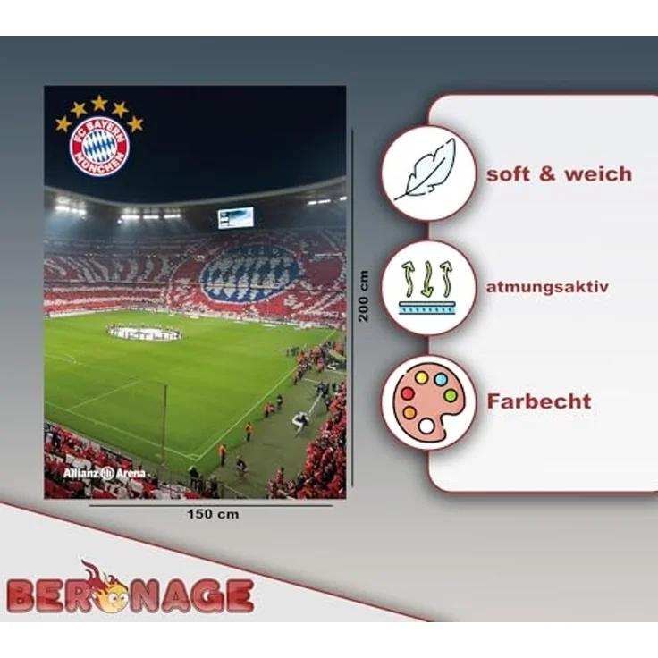 BERONAGE Tagesdecke FC Bayern München Decke Allianz Arena 150x200 cm Kuscheldecke Fußball, passend zur Bettwäsche, ideal für Sofa, Couch, Kinder-Bett, Auto – Bild 2